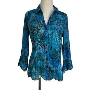 Laura Scott Blue Damask Printed Pleated Stretch Shirt Top